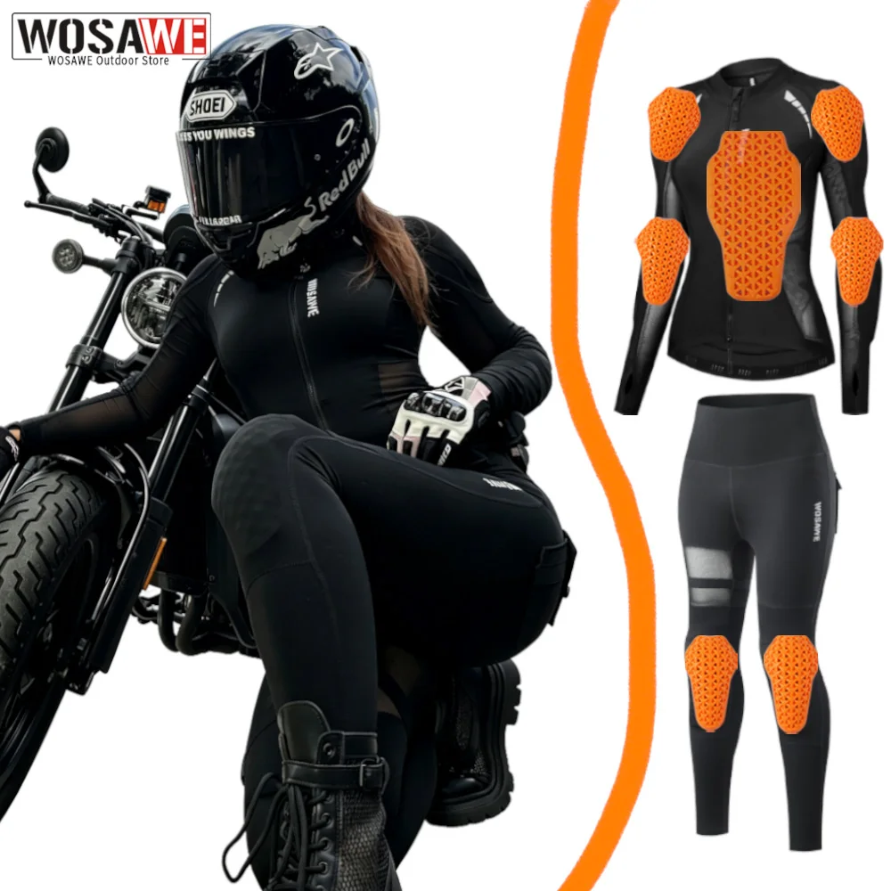 WOSAWE Sexy Motorcycle Jacket and Pants Set Summer Autumn Breathable Stretch Slim Pants Biker Jacket Women Motorbike Clothing