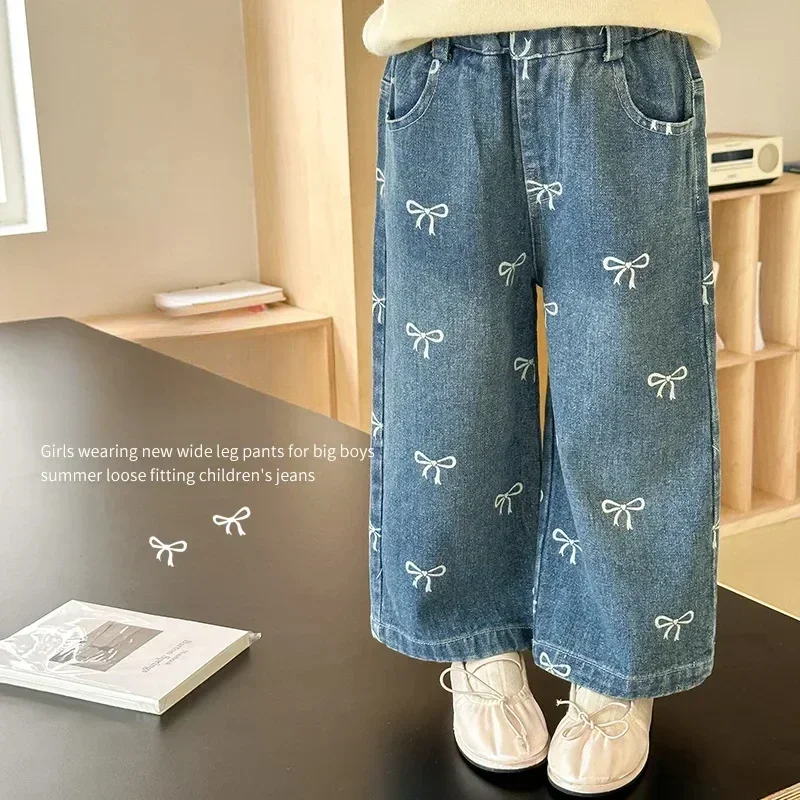 

2025 Autumn New Korean Full Print Bow Loose Jeans Girls' Straight Leg Jeans Girls Pants Kids Clothes