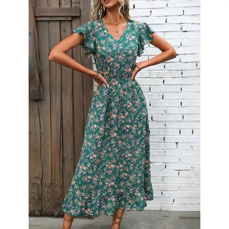 여름 패션 V넥 여성용 드레스 허리 조임 플로럴 프린트 골드 헴 부드럽고 편안한 폴리에스터 섬유