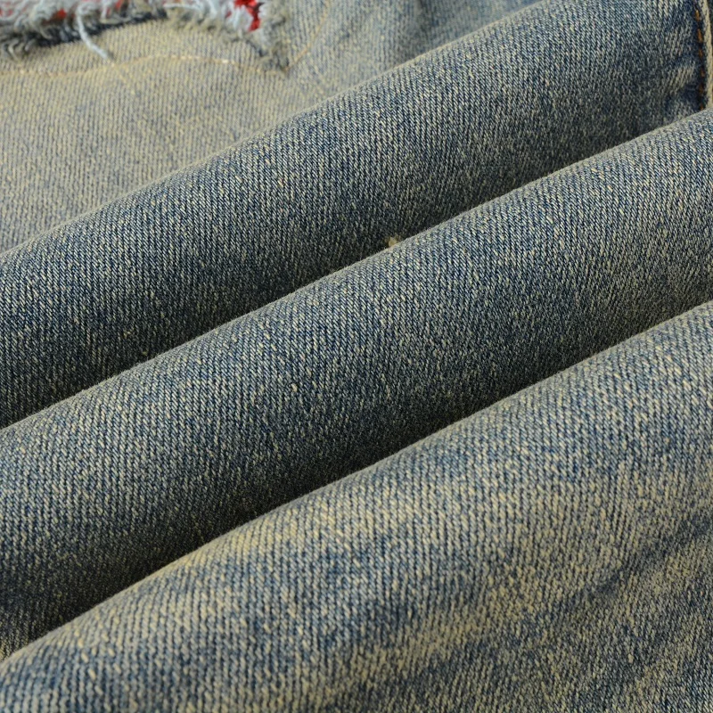 Men Cracked Patch Stretch Denim Jeans Streetwear Holes Ripped Distressed Patchwork Pants Vintage Skinny Tapered Trousers