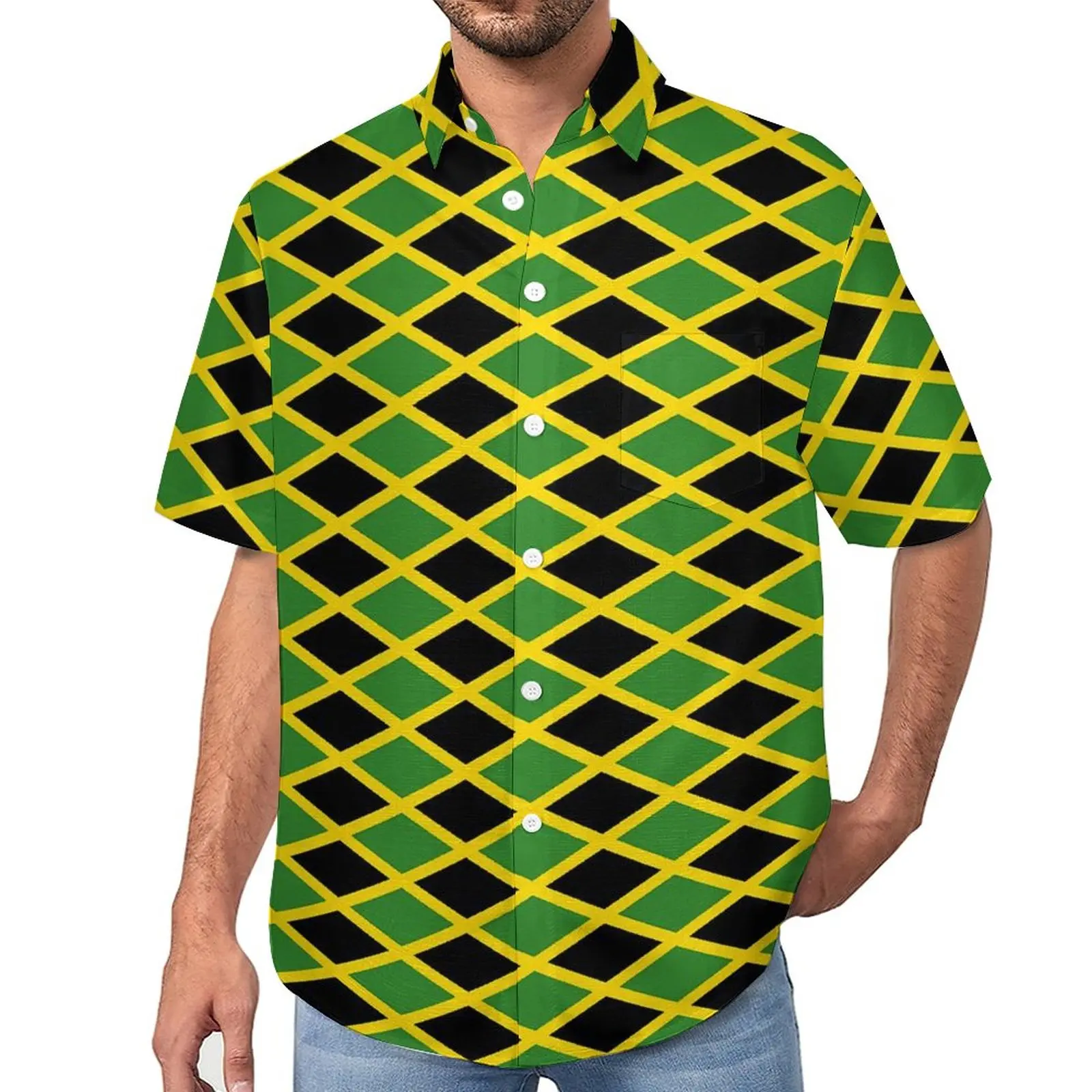 Flags of Jamaica Casual Shirts Black Green Beach Shirt Hawaiian Fashion Blouses Men Print Plus Size