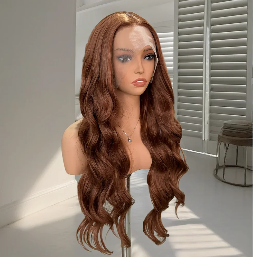 

180%Density Soft 26Inch Brown Long Preplucked Body Wave Lace Front Wig For Black Women With Baby Hair Glueless Synthetic