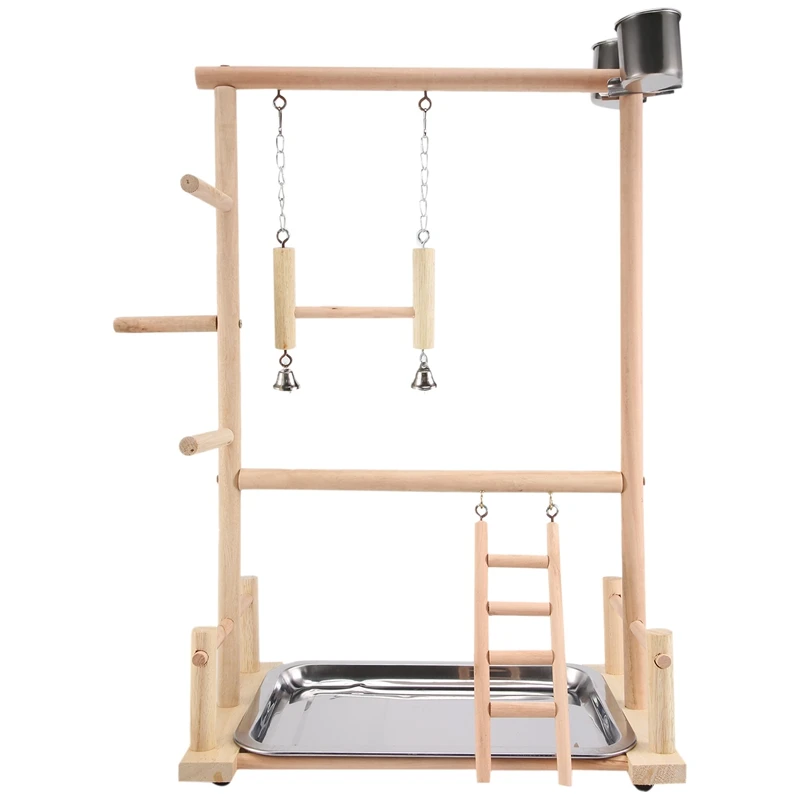 Parrots Playground,Natural Wooden Parrot Perch Gym Play Stand Parakeet Ladders With Feeder Cups And Toys Exercise Play