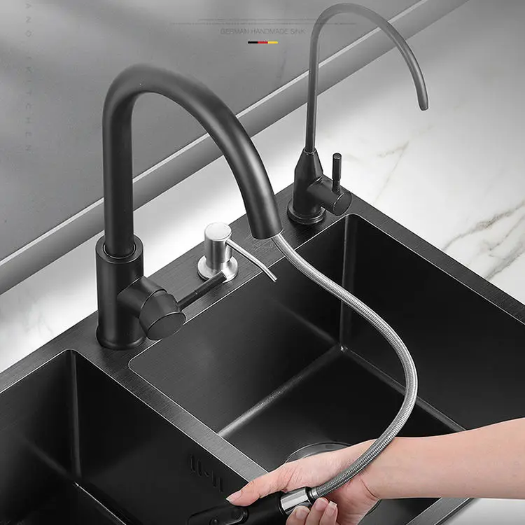 Handmade 304 Stainless Steel Double Bowl Kitchen Sink Black Nano Counter Easy Installation No Fading Hotel