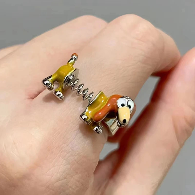 Funny and Cute Spring Dog Ring for Women and Men's New Adjustable Spring Design Sausage Dog Ring Cartoon Dog Ring image 2