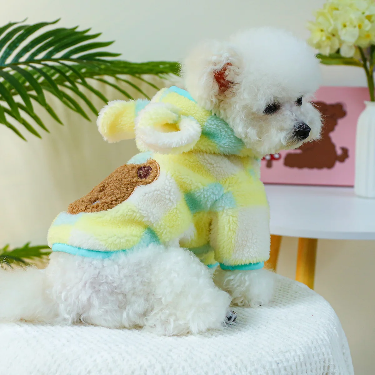 1PC Pet Clothing Autumn Winter Thickened Warm Yellow Checkered Bear Head Hat Coat With Drawstring Buckle For Small Medium Dogs