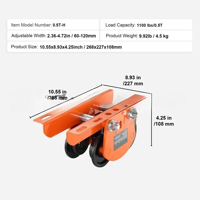 Electric Hoist Manual Trolley, 2200 Lbs/1 T ,0.5T Capacity for PA200 PA250 PA300 PA400 PA500, Push Beam Trolley with Dual Wheels