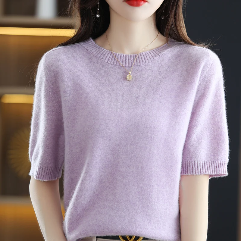 Hot Sale 100% Wool Women\'s Sweaters And Pullovers Autumn Female O-Neck Cashmere Clothing Short SLeeve Soft Jumper Tops Spring