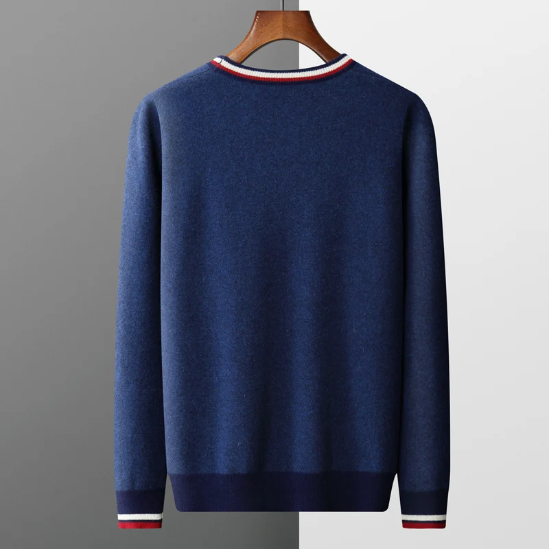 Giacca lavorata a maglia in lana merino al 100% da uomo con scollo a V cardigan a righe abbinato ai colori moda jacquard cappotto di grandi dimensioni camicia base autunnale