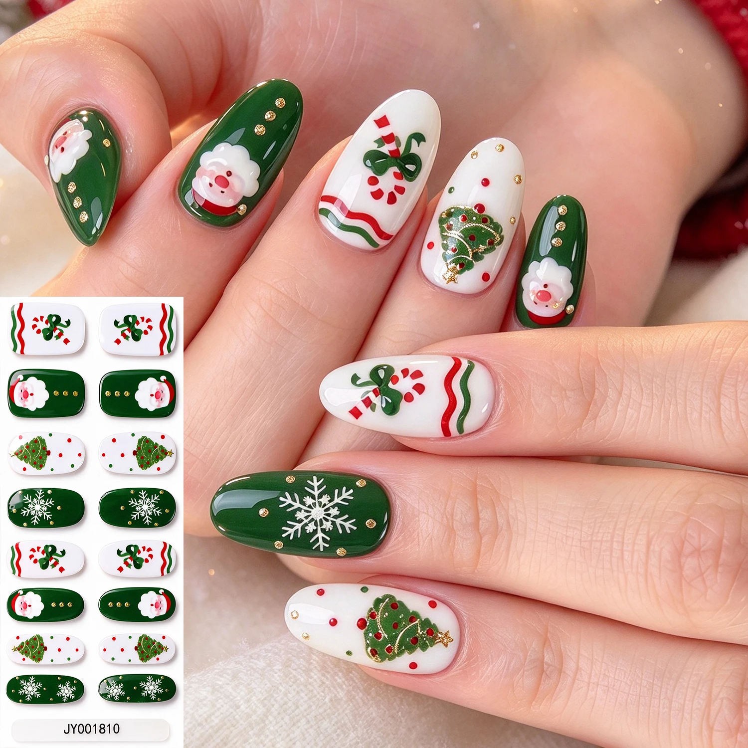 16Tips Red Green Christmas Nail Sticker Cute Santa Claus Elk Xmas Tree Snowflakes Self Adhesive Decals New Year Full Wraps