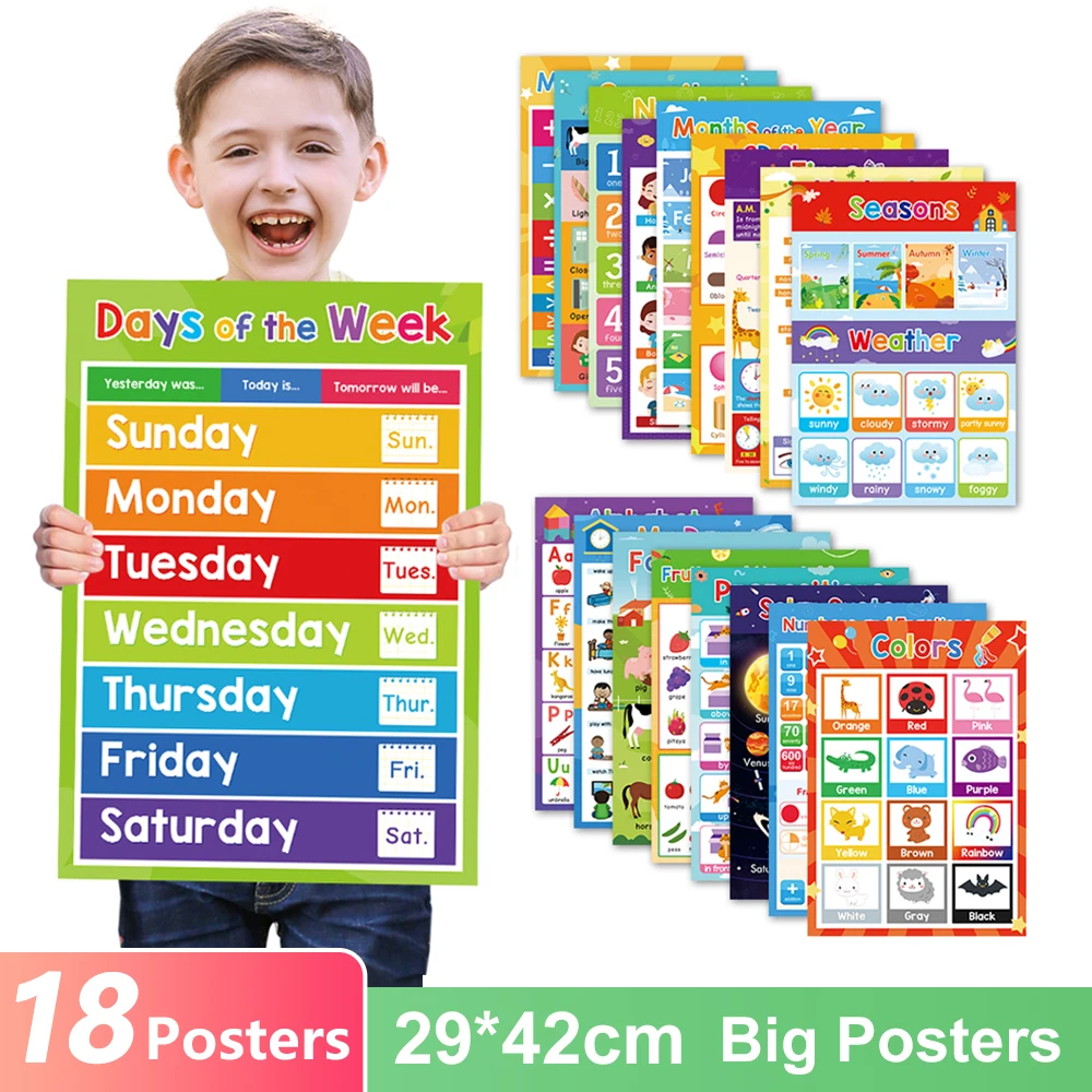 18 themes-kid English A3 Big cards abc letter / animal /  Numbers/weather Learning Chart Kindergarten Supplies Classroom Decor