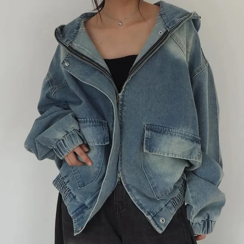 SuperAen Stand Collar Hooded Washed Denim Safari Style Jacket High Street Fashionable Zipper Oversize Loose Office Lady Coats