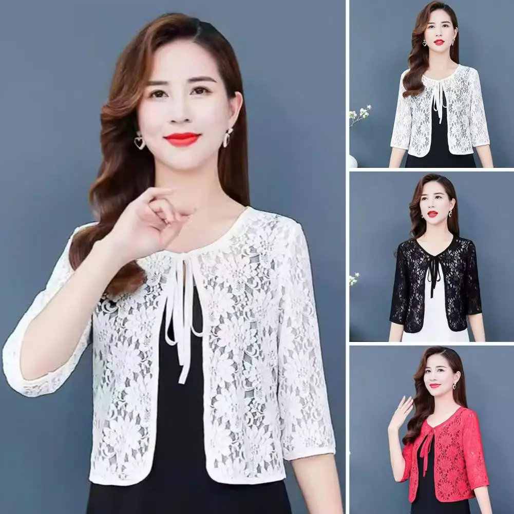 

Women Fashion Bolero Coat 3/4 Sleeve Floral Lace Hollow Out Cardigan Summer Clothes Elegant Top Open Stitch White Shrug Jacket