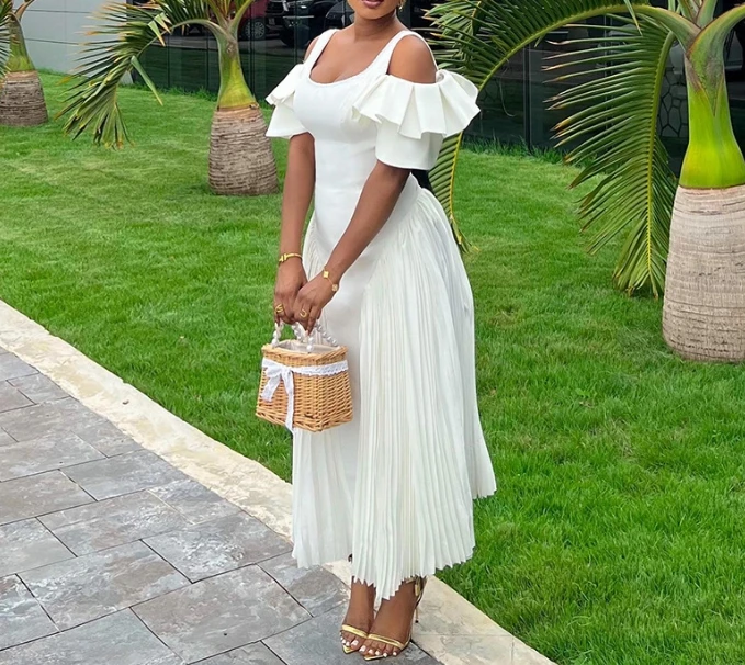 

Elegant Temperament U-Shaped Collar with Ruffled Edges ShoulderSleeves High Waist Oversized Swing Dress White Fashion Long Skirt