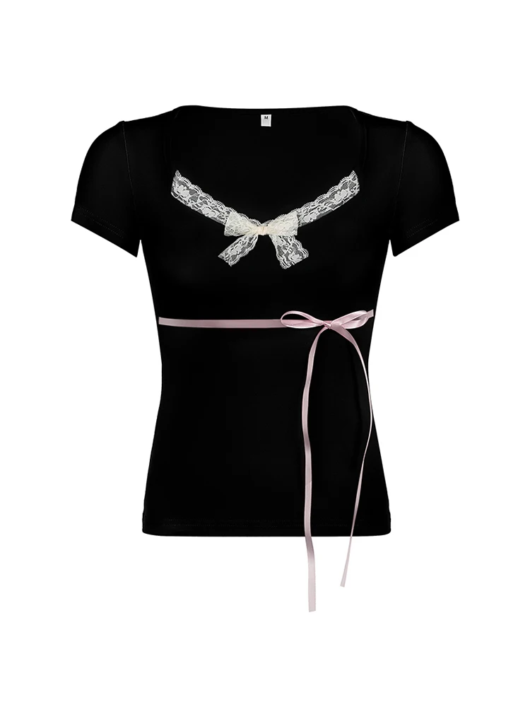 Camiseta negra de manga corta para mujer, camisa con lazo de encaje en contraste Kawaii japonés, cuello cuadrado, Rosa dulce, camisetas bonitas