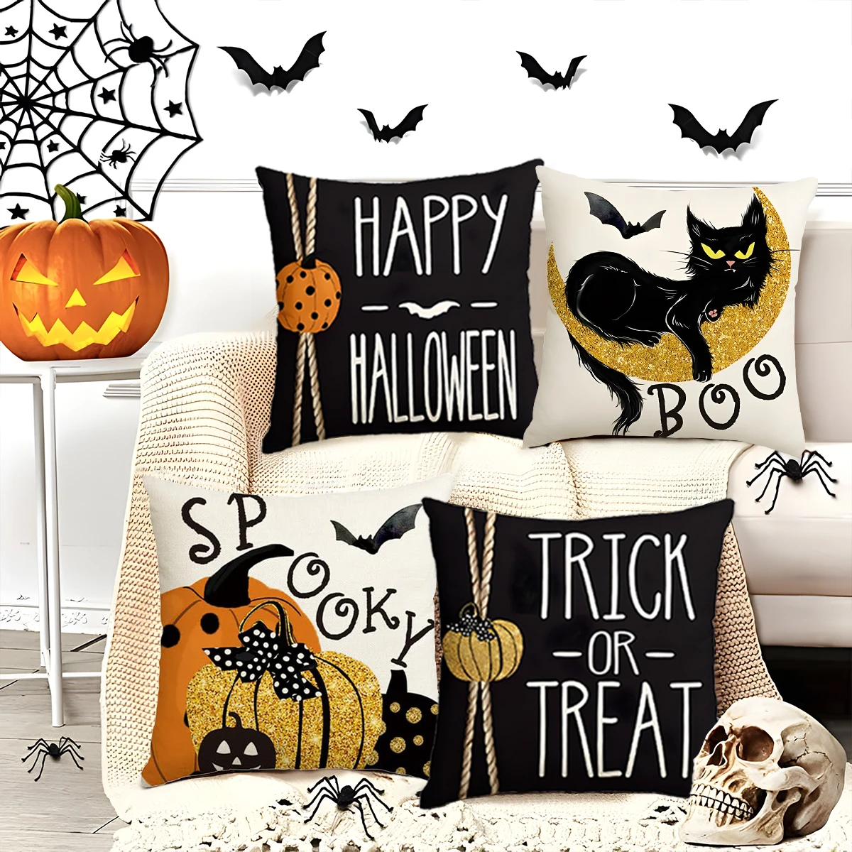 Halloween Pumpkin Cat Pillowcase Happy Halloween Party Decorations For Home 2024 Trick Or Treat Bat Spider BOO Cushion Covers