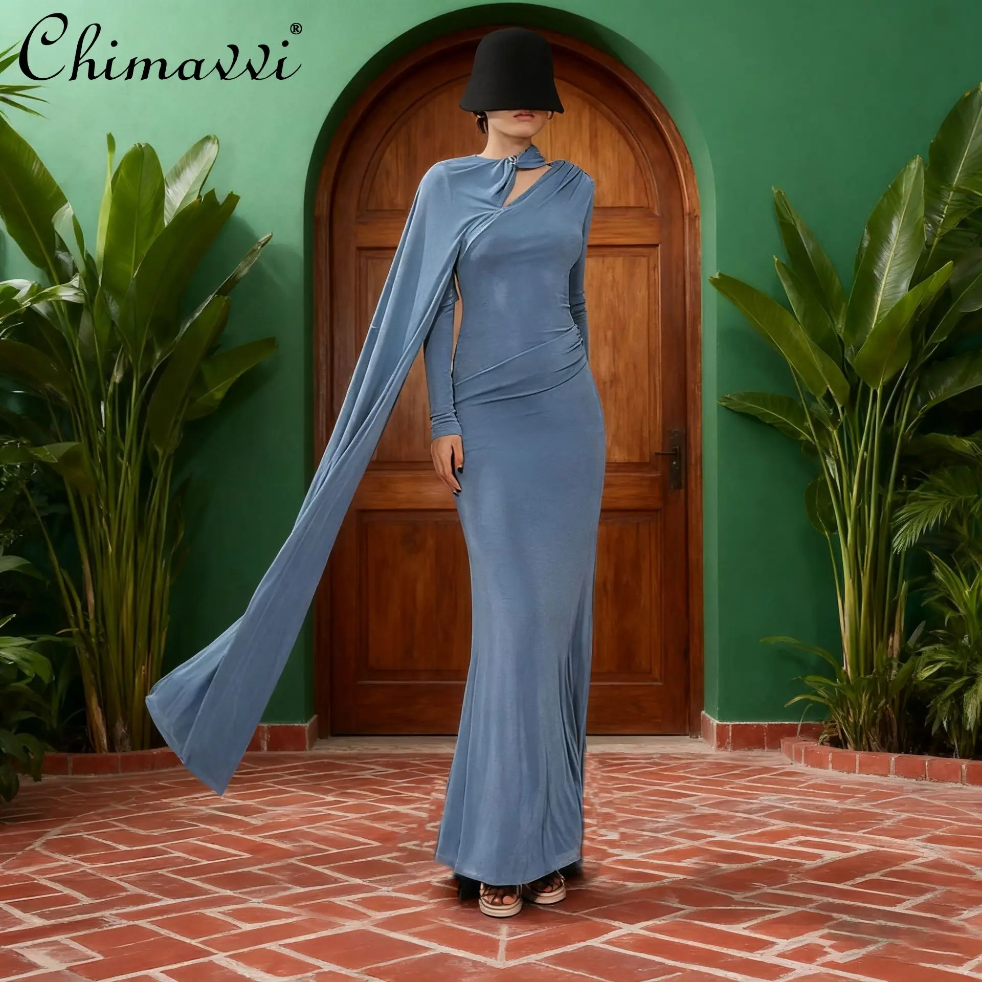 Franse elegante stijl effen kleur lange mouwen avondjurken herfst lint splitsen hoge taille slim fit bodycon maxi-jurk dames