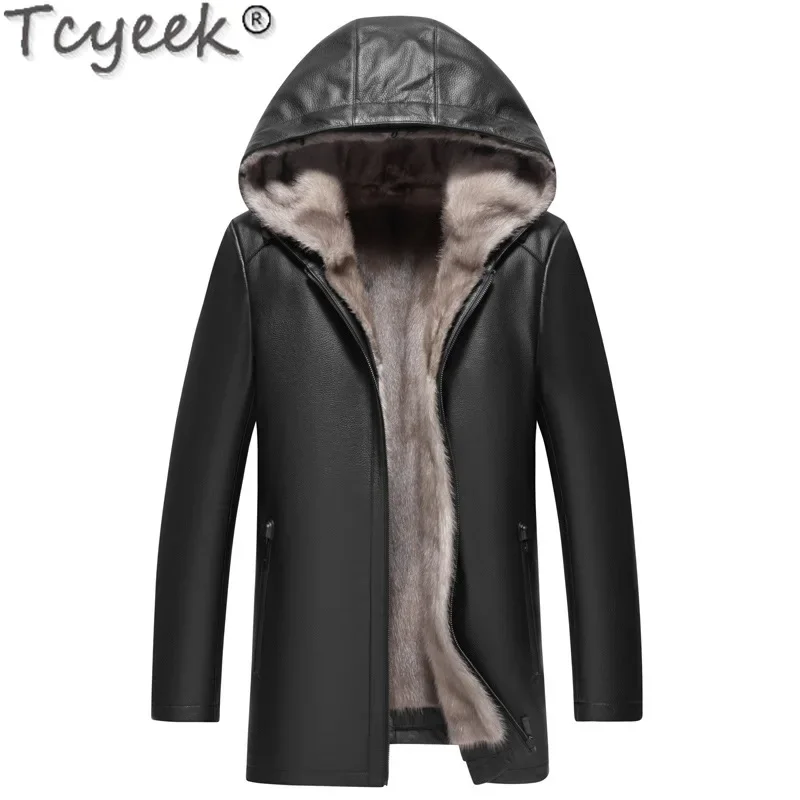 Tcyeek Cowhide Genuine Leather Man Jackets Natural Mink Fur Coat Winter Clothes Sliver Blue Mink Fur Mens Coats Куртка Мужская