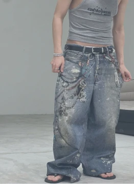 

High Street chain printed old washing loose jeans for men and women casual versatile simple design sense denim casual trousers