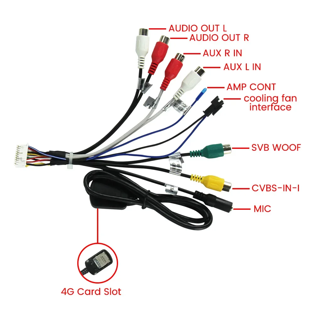 20 Pin RCA Cable for Android Radio Stereo Car Accessories Universal AUX Adaptor Subwoofer AMP Output Fan Plug 4G SIM Card Slot