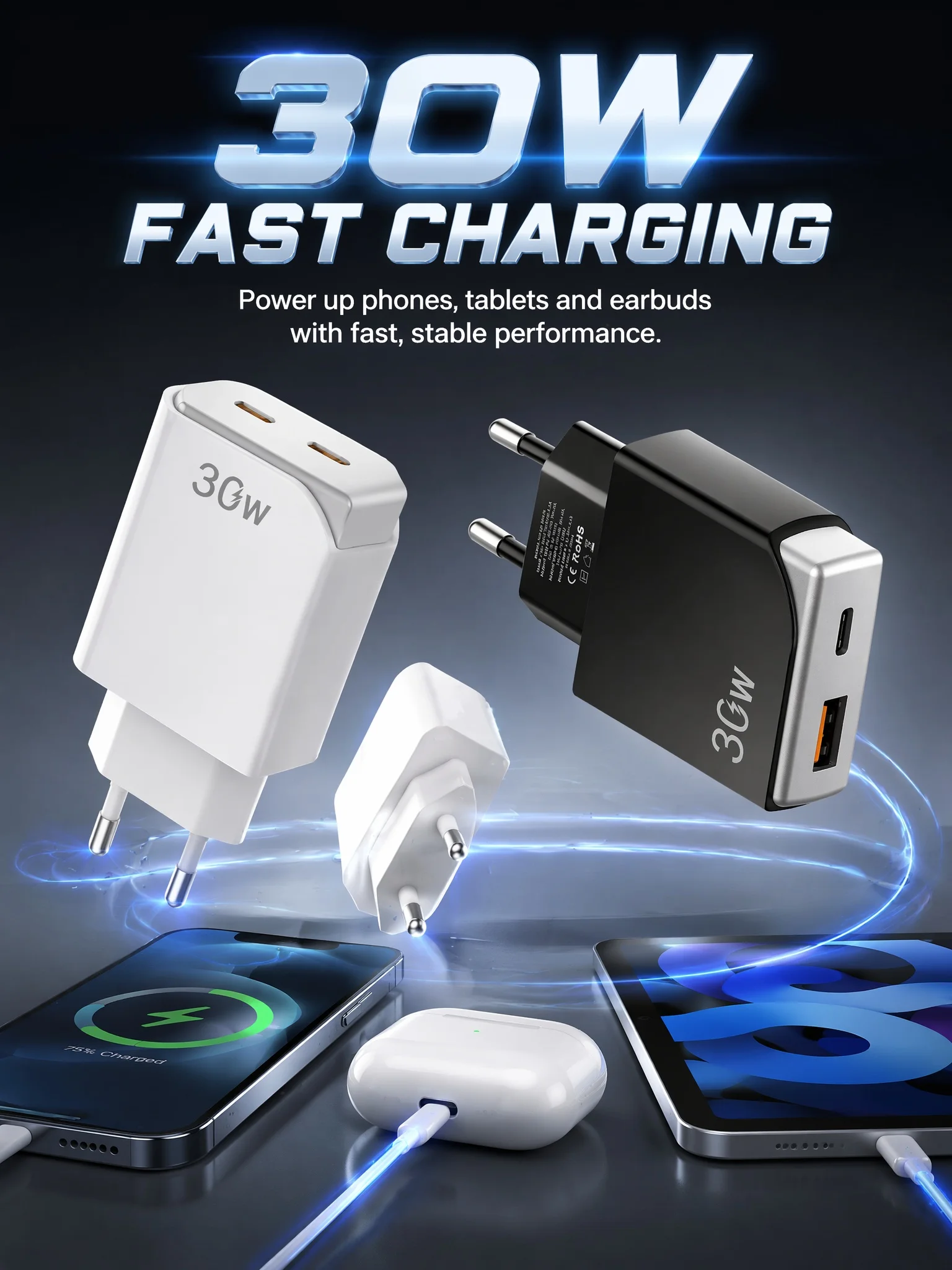 EU 30W GaN Ultra Thin Fast Charging USB C Phone Charger For iPhone 16/15 Pro Max PD QC3.0 Travel Adapter For Samsung S24