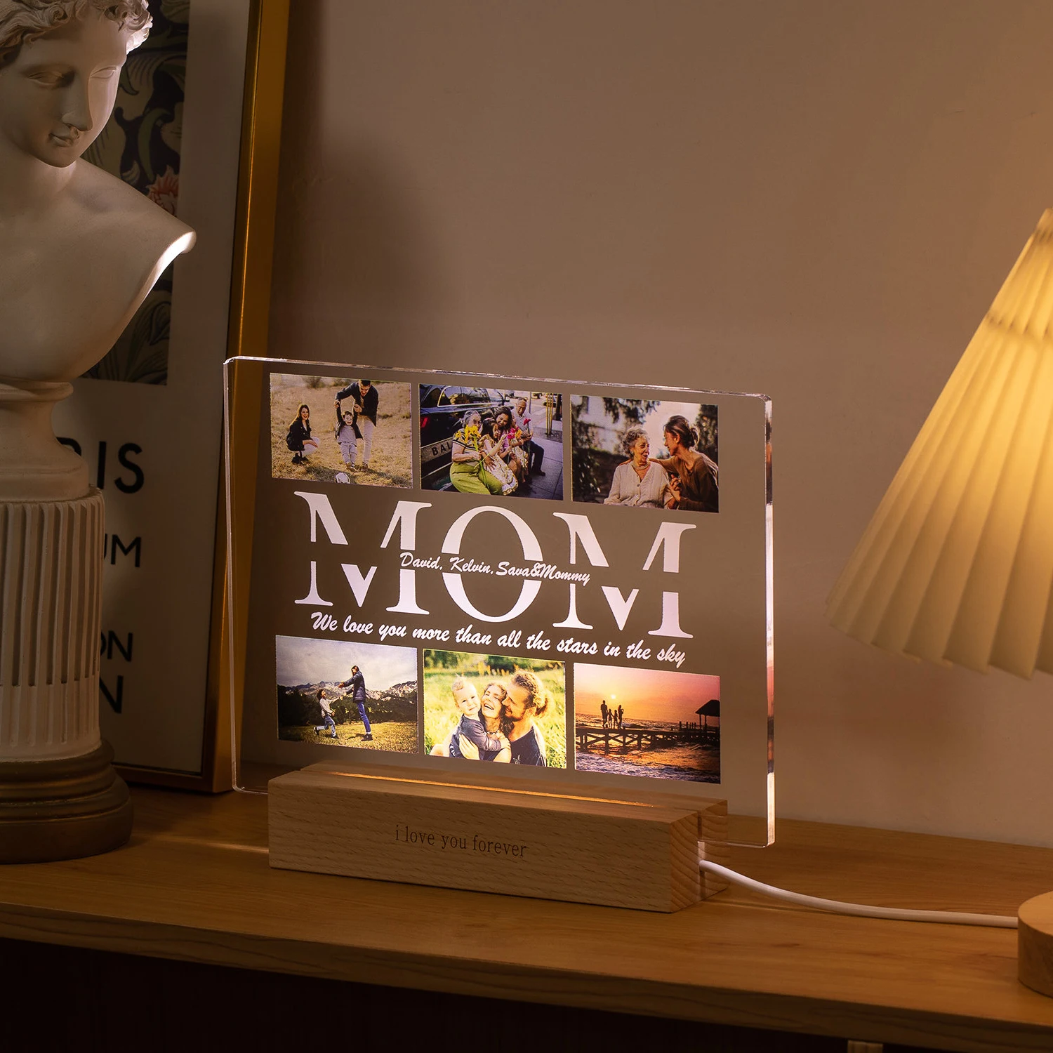 Lámpara acrílica 3D con texto de foto personalizado, luz nocturna personalizada para dormitorio, para mamá, papá, amor, familia, cumpleaños, regalo del día de Navidad