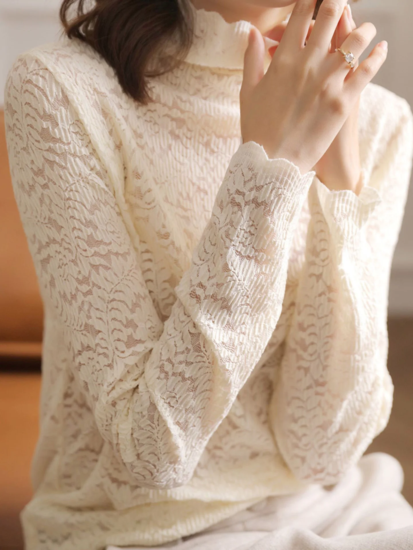 

Ele Lace irt Hollow out Long Sve Women's Pure Color Versatile Top Korean Sle Commute Straight Tube Silk Blend