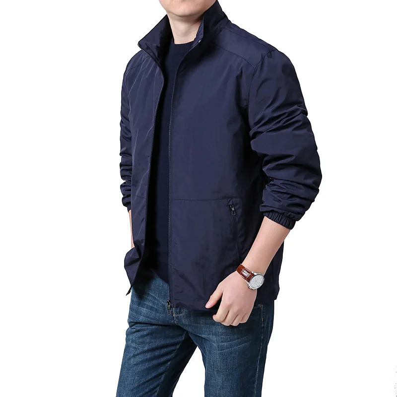 Men's Casual Stand-Up Collar Jacket Solid Color Spring Autumn Trendy Simple Top for Middle-Aged And Young People