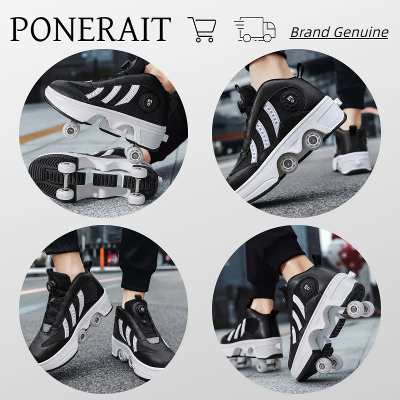 PONERAIT Double-Row Retractable Four wheels Roller Skate Shoe Outdoor Casual Fashion Sneaker Adult Children Walk Shoe