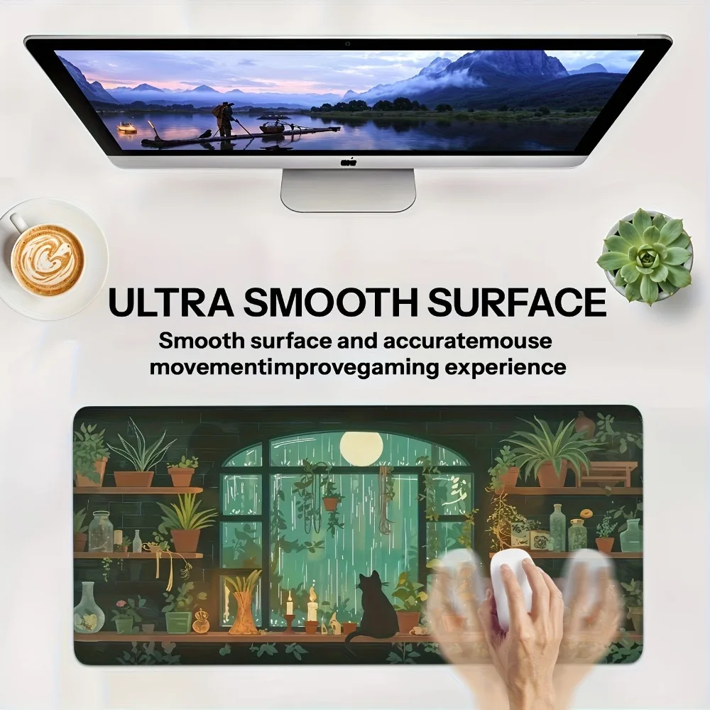 CIFBUY Large Gaming Mouse Pad Black Cat Moonlight Non Slip Rubber Desk Mat Greenery Garden Art Office Work Home Decor Gift