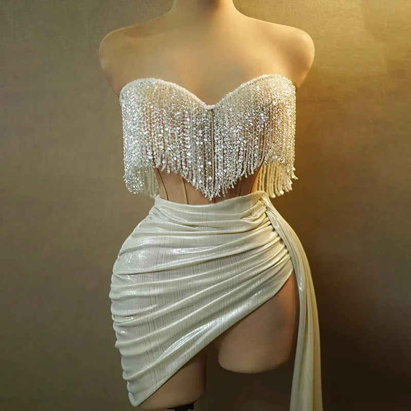Fashion Show Dress rhinestones outfit sequin glitter fringe pole dance sexy mesh See-through party club birthday party dresses