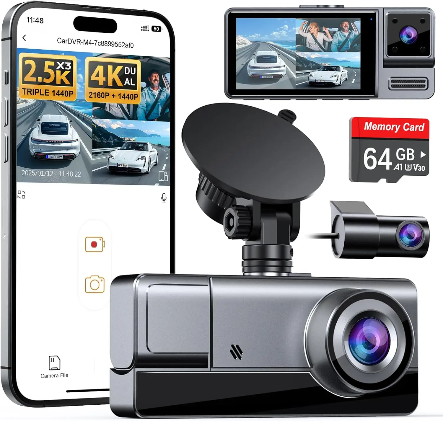 

Triple Channel 4K+2.5K Car Dashcam with WiFi 6, 64GB, 24H Parking Mode, App Control