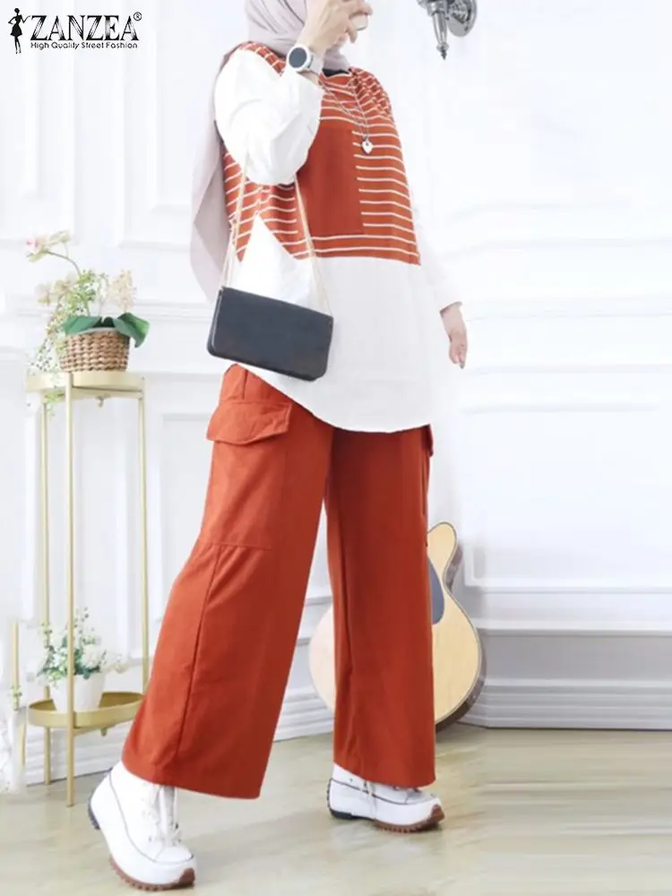 

ZANZEA Fashion Women Striped Patchwork Blouse Pants Sets 2PCS Vintage Muslim Trousers Suits Loose Abaya Hijab Matching Sets 2024