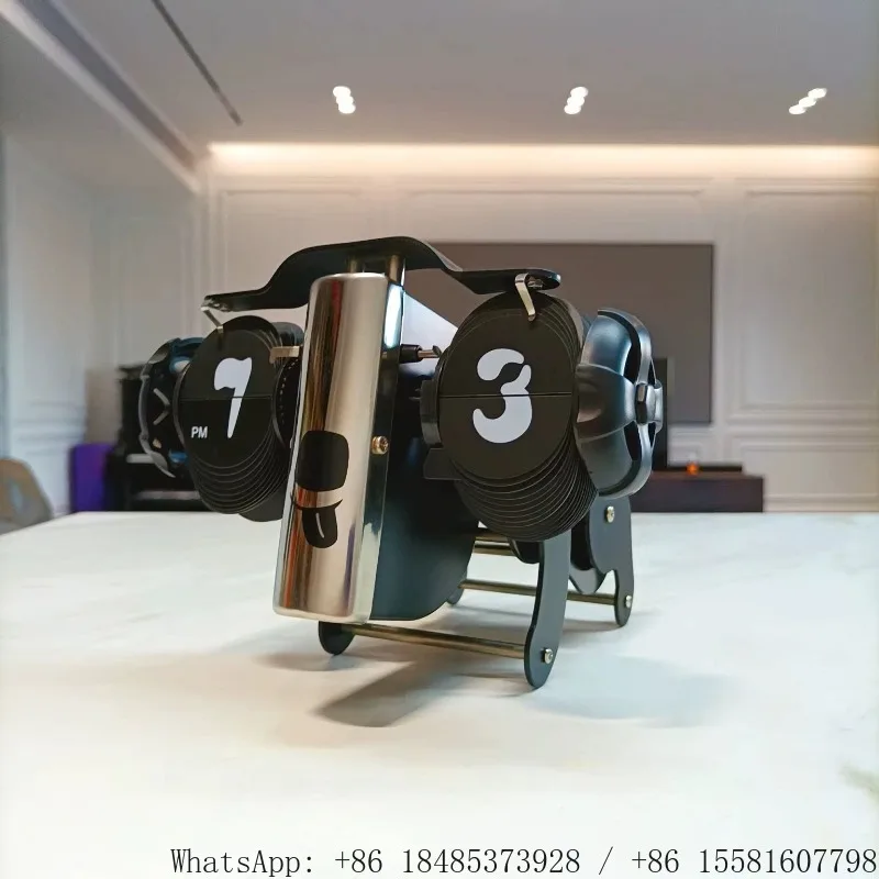 Hip Hop Dog Shaped Automatic Flip Clock Full Metal Mechanical Structure Retro Desk Clock Creative Household Tabletop Decor