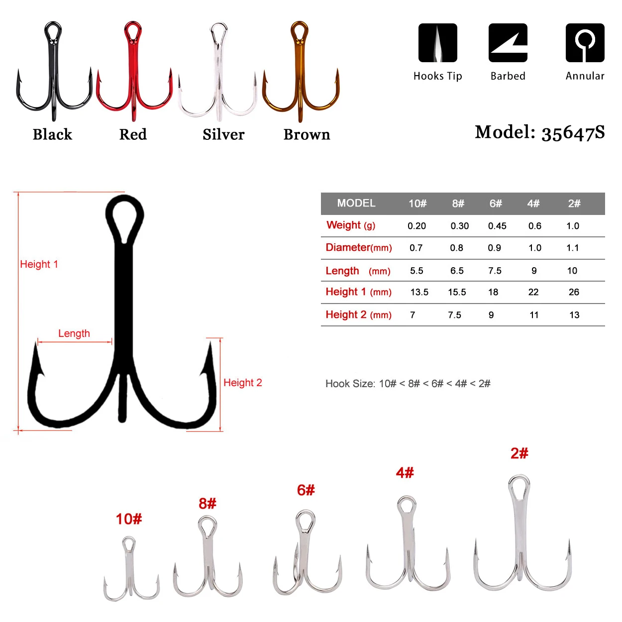 Lot 50pcs Tackle Fishing Hooks 72A High carbon steel Silver Fishhook Barbed Annular Sharpened Tip Hook Saltwater Barbed 10#-2#