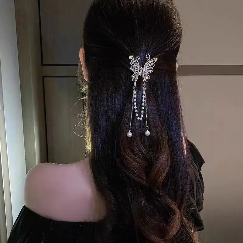

Female Japanese and Korean Style Butterfly Pearls Tassels Small Hair Clip Hair Claw Girls Women's Party Hair Accessories