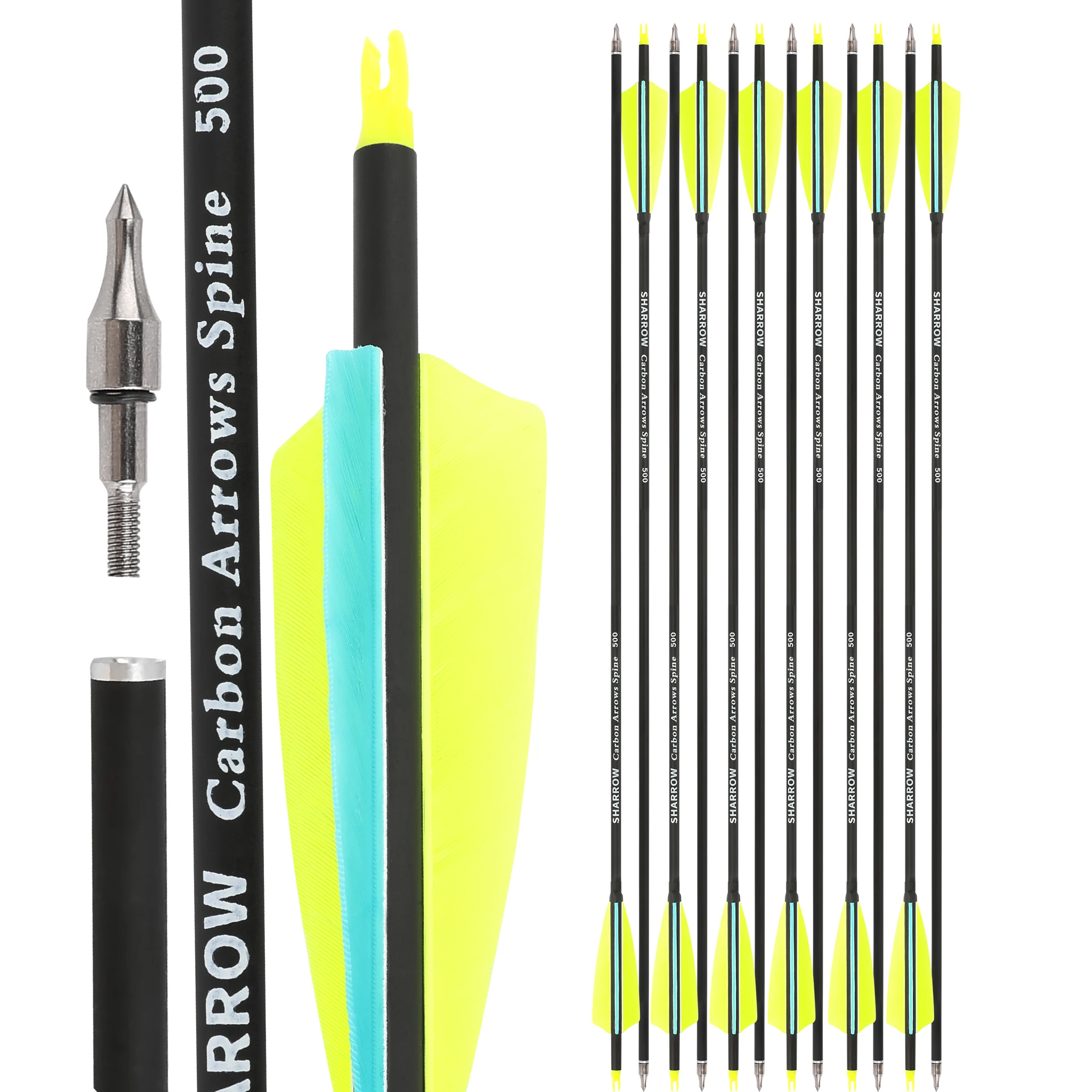 12pcs Archery Mixed Carbon Arrows Spine 500 ID6.2mm 4 Inch Turkey Feathers 100 Grain Arrowheads for Compound Recurve Bow Hunting Shooting