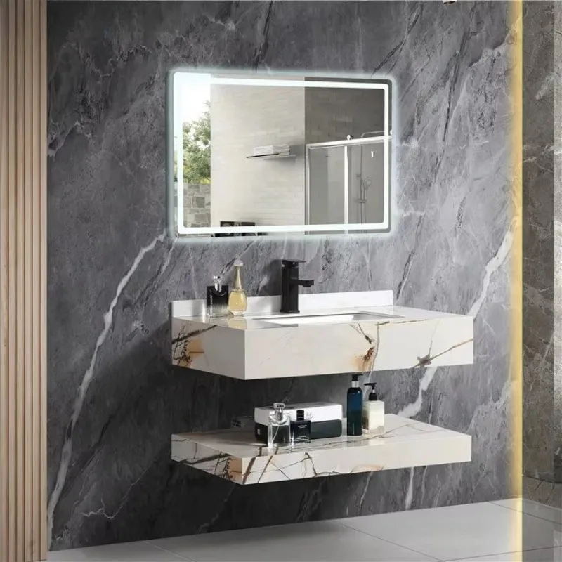 Double-layer Bathroom Furniture Wall Hung Hand Wash Basin Artificial Stone Bathroom Vanity Sink Marble Cabinet Basin
