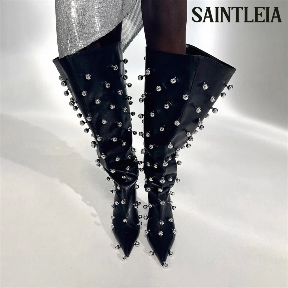 Metallic Bubble Knee High Boots Silver Tone Muted Bells Pointed Toe Pleated Boots Black Leather Blue Denim Slip on Women Boots
