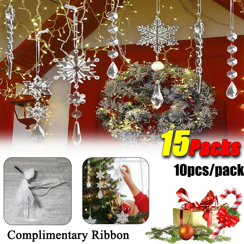 15Packs Transparent snowflake charm Acrylic Ice Ribs Christmas Tree Hanging Decoration Christmas Decoration