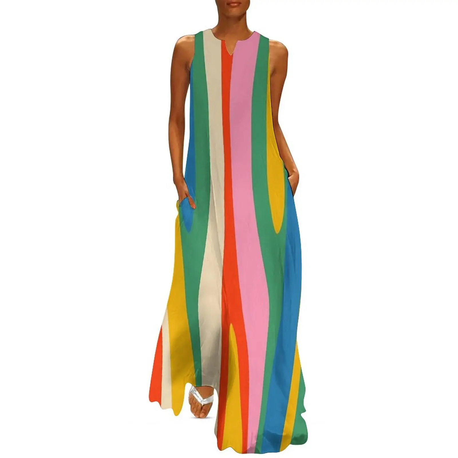 

Wild Stripes Colorful Modern Abstract Pop Pattern Blue Pink Red Green Mustard Yellow Long Dress Women's evening dress