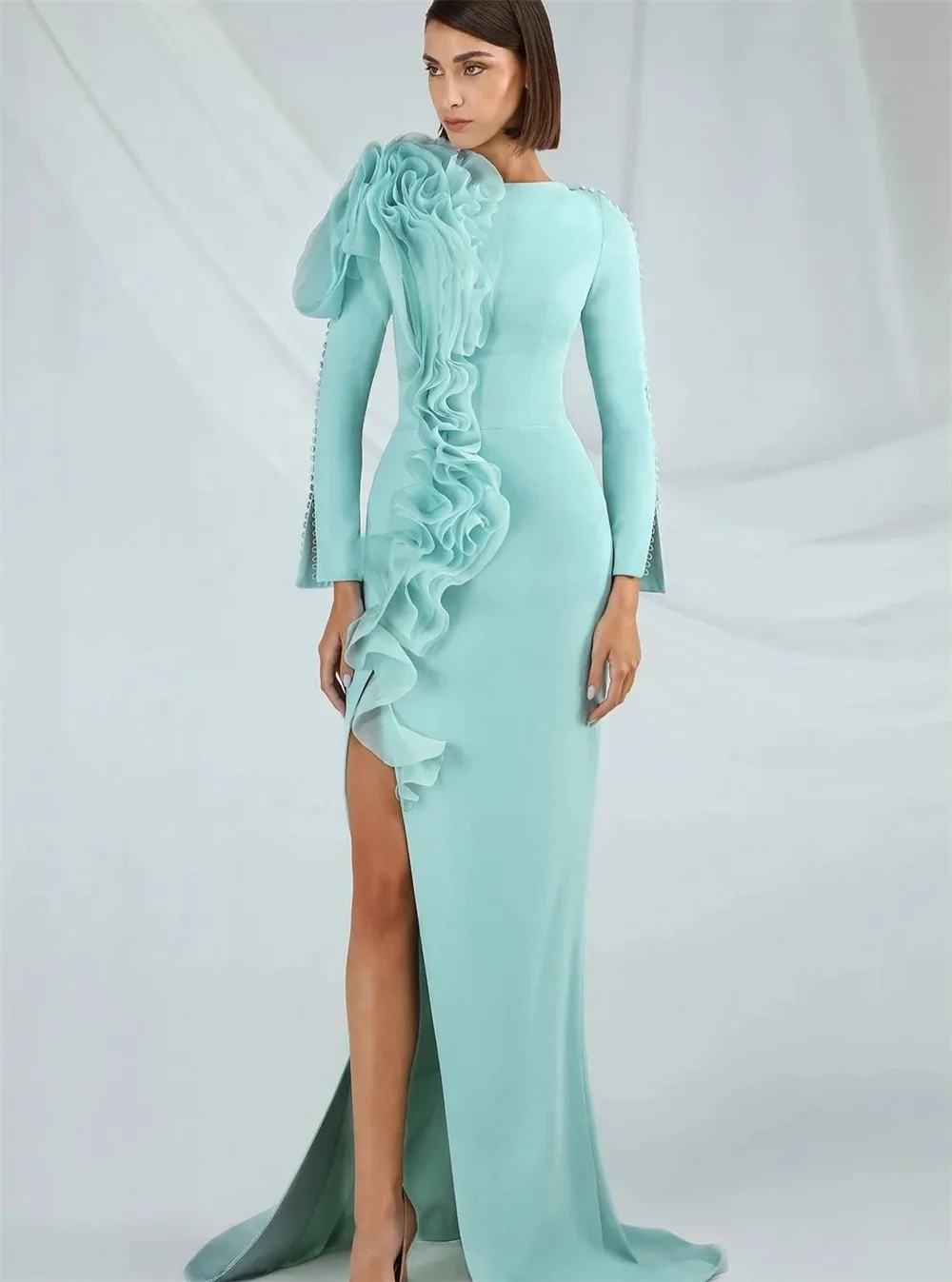 

Slit Ruffles Long Sleeves Bespoke Occasion Gown Evening Dresses Pastrol Unisex Jersey Retro Dubai Saudi Arabic Prom Customized