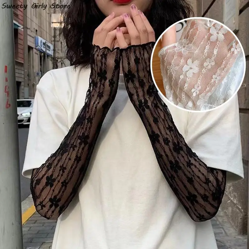 Lace Flower Arm Sleeves Black White Sunscreen Bands UV Protection Driving Cycling Arm Cover Long Fingerless Sun Protect Gloves