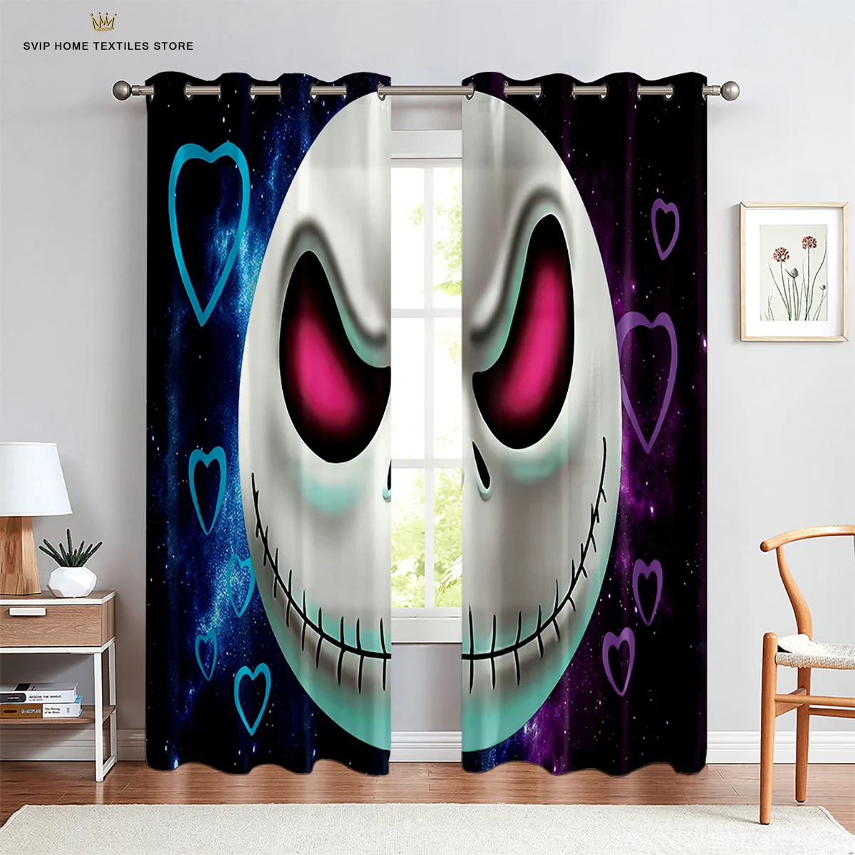 Cartoon Christmas Skull Print Curtains Children's Room Window Decoration Curtains Suitable For Bedroom Living Room Balcony 2PCS