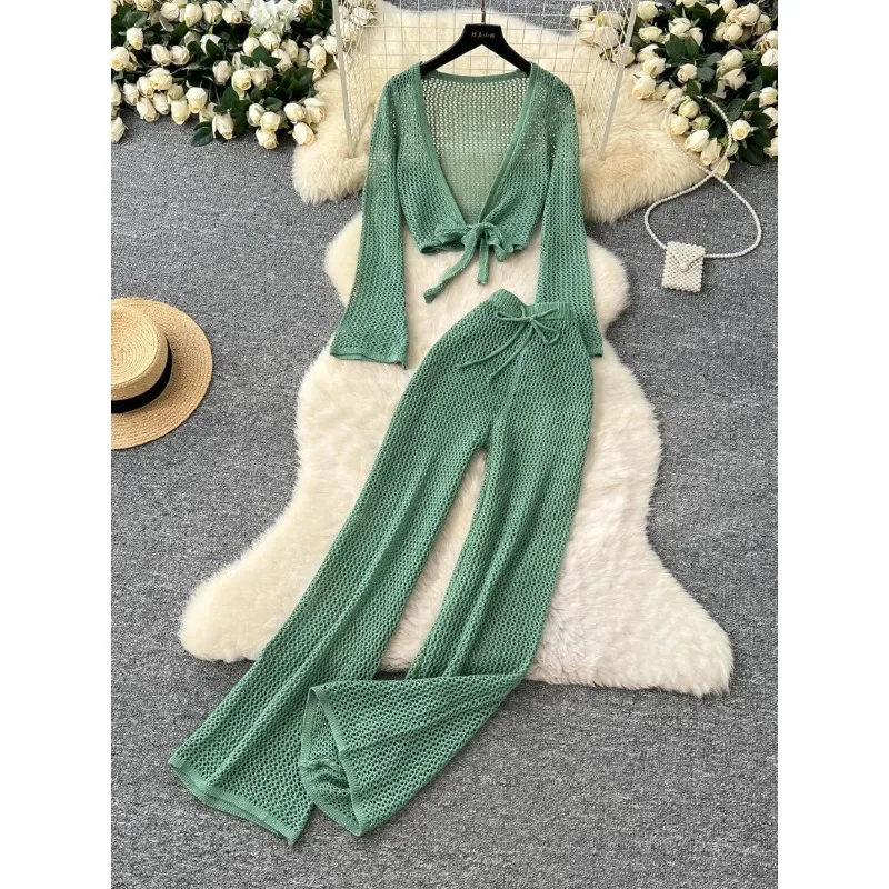 

Женские пляжные брюки для отдыха на море, брюки, костюм, дизайнерский ремень на талии, пальто с длинными рукавами, брюки с высокой талией, женские брюки из 2 предметов