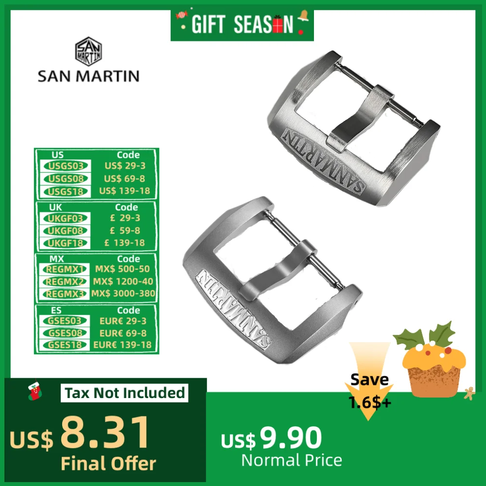 San Martin Pin Buckle 18mm 20mm 22mm Men Watchband Strap Brushed Sandblasted 316L Stainless Steel Universal Watch Accessories