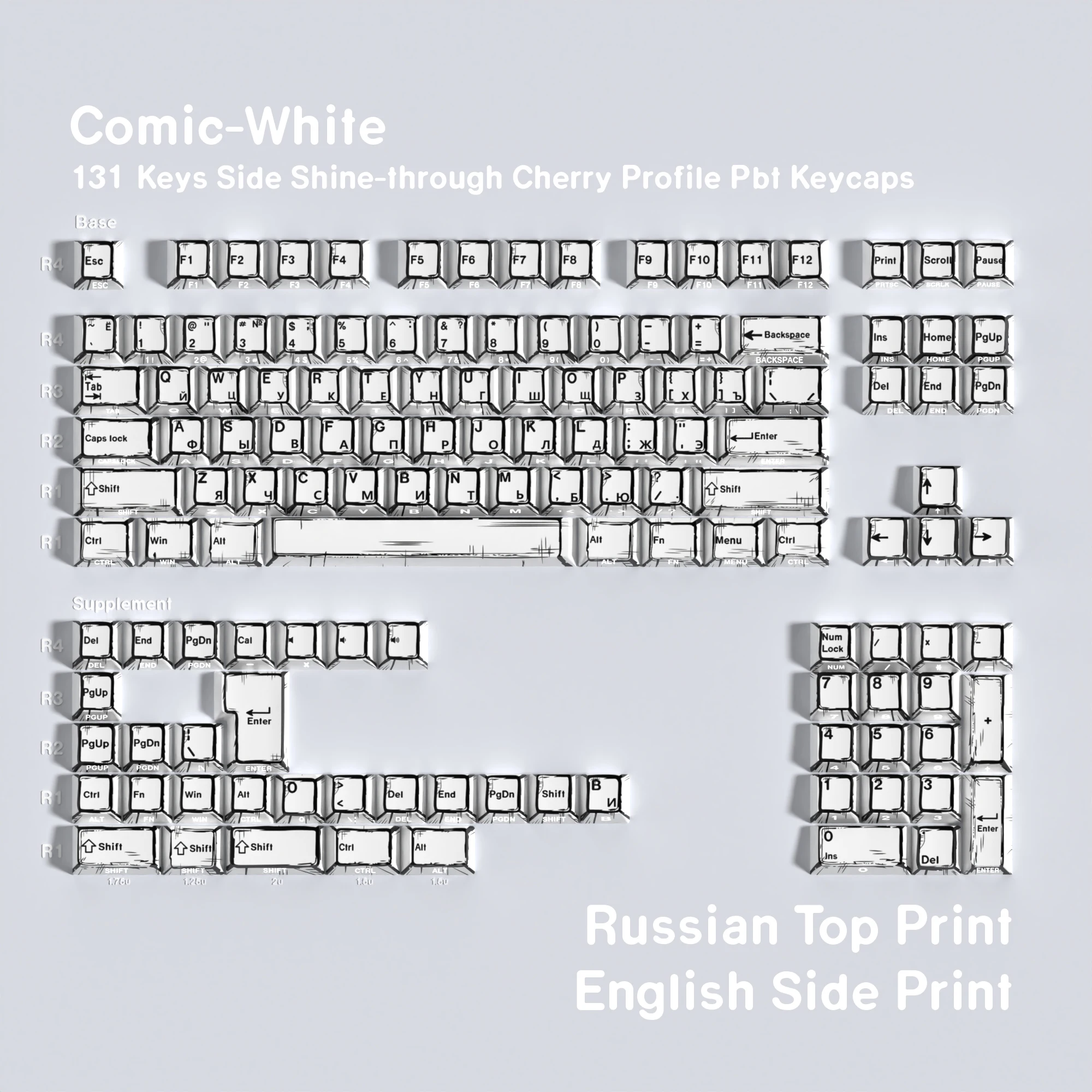 Comic White Keycaps Dye-Sub Cherry Profile Dubbele print 131 toetsen Hebreeuws DE/FR/KR/RU/ES voor mechanisch toetsenbord ISO-indeling F75