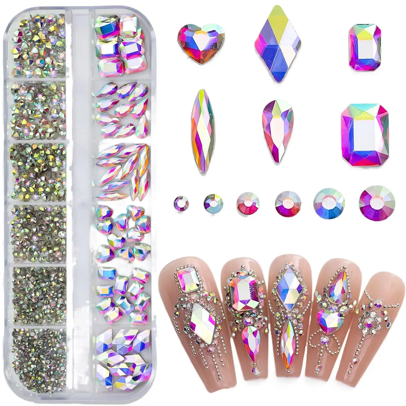 12 Grids Sparkle Translúcido Colorido Mix Formas Flatback Vidro Diamantes Nail Art Strass Jewel Decorações Manicure Encantos