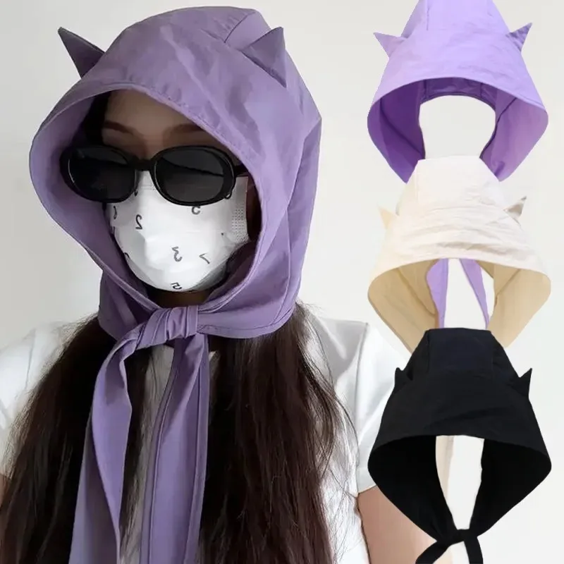 Cute Devil Horn Sunscreen Caps Quick-dry Sun Hat for Women Fasten the Head Scarf Cover UV Protection 2026 y2K Summer Hat Cat Ear