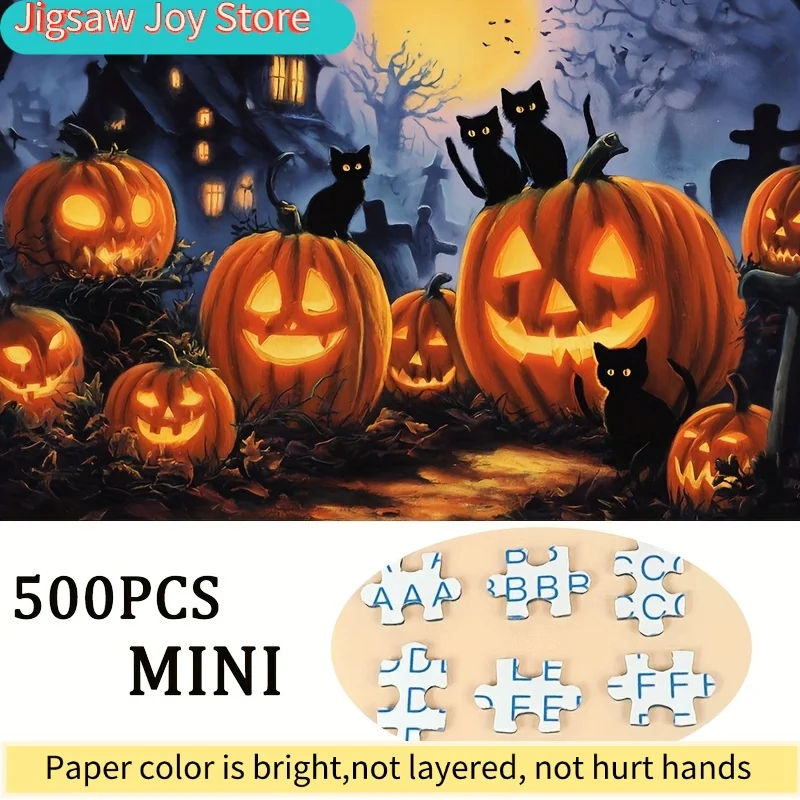 Puzzle dla dorosłych z motywem dyniowego ogródka i czarnego kota na noc Halloween, odpowiednie do gier imprezowych i rekwizytów.